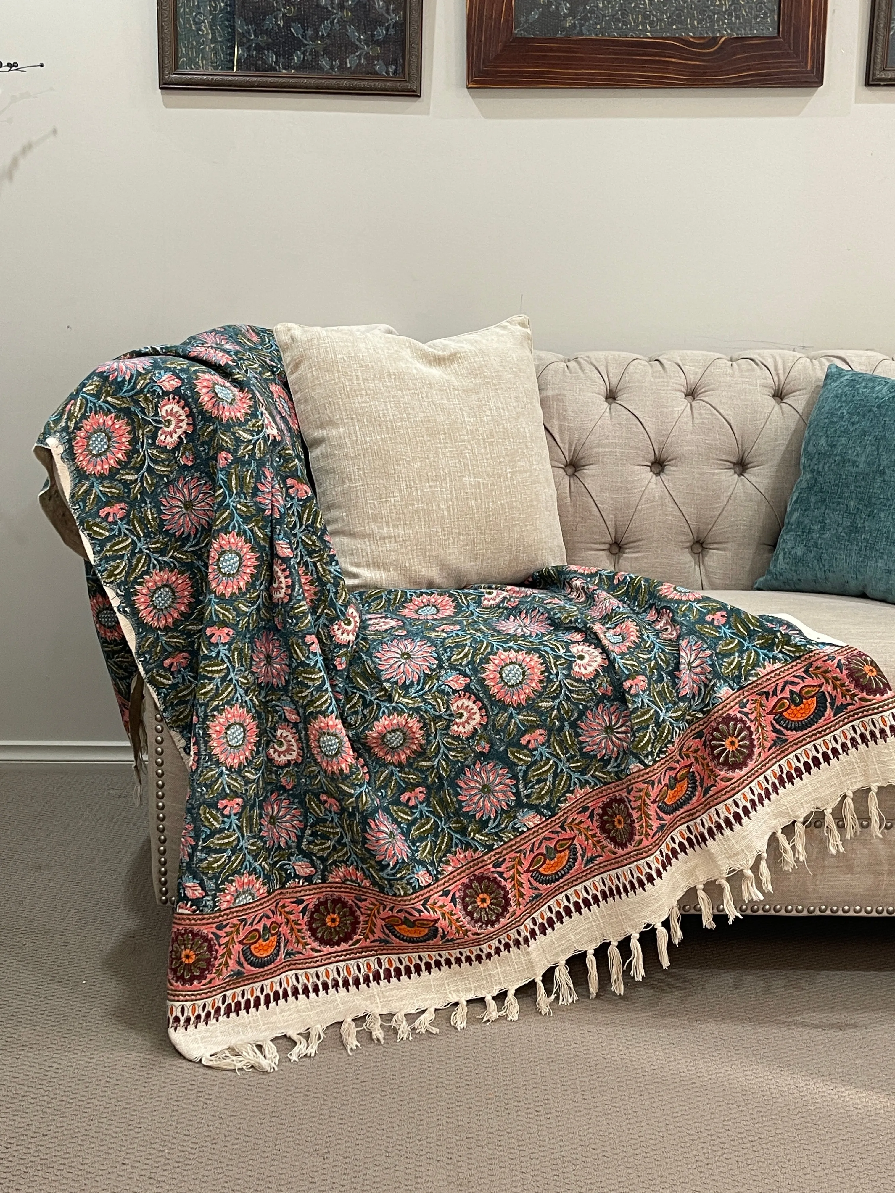 Bohemian Cotton Handmade Pink Teal Floral Bedding Throw Blanket