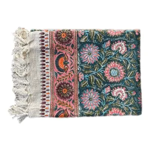 Bohemian Cotton Handmade Pink Teal Floral Bedding Throw Blanket