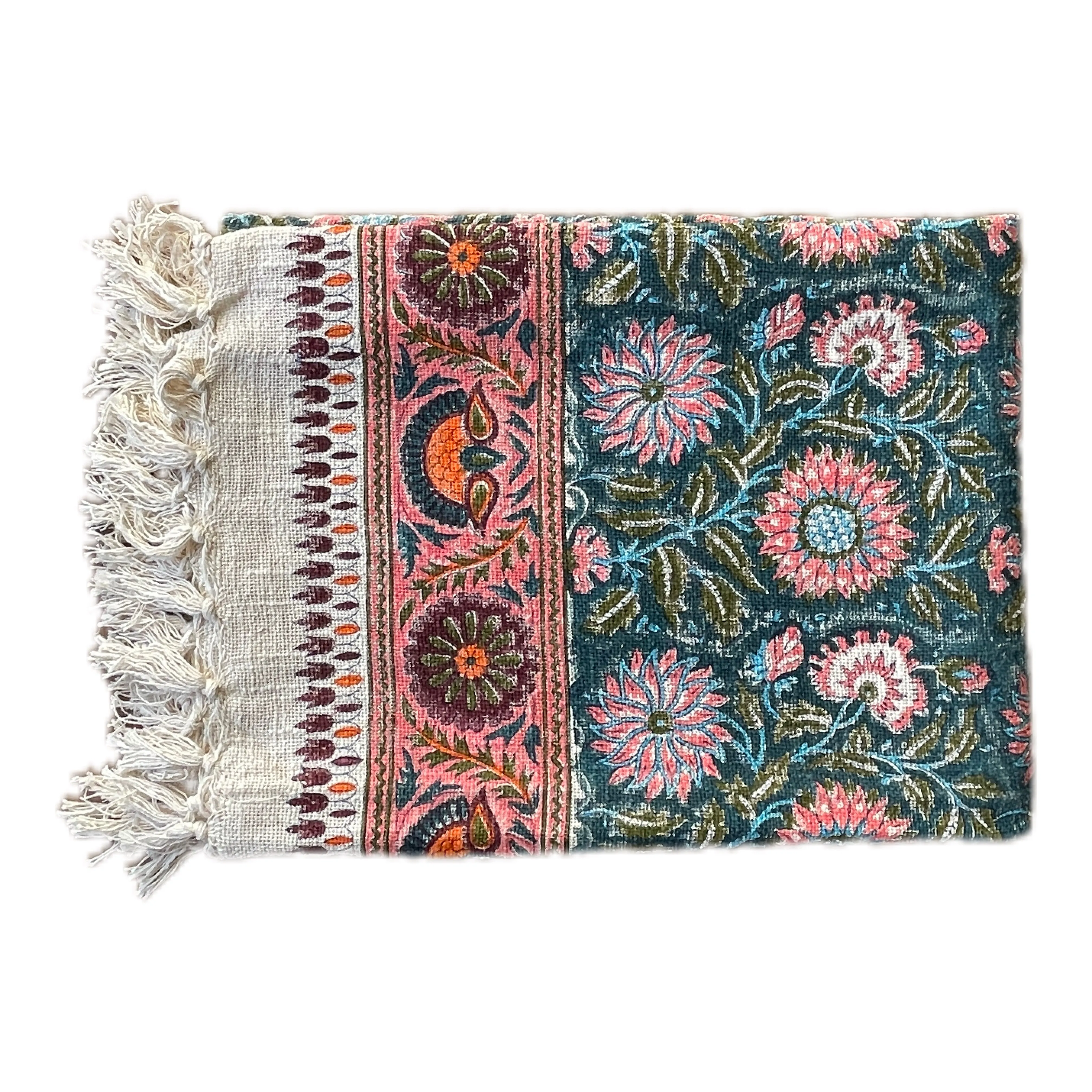 Bohemian Cotton Handmade Pink Teal Floral Bedding Throw Blanket