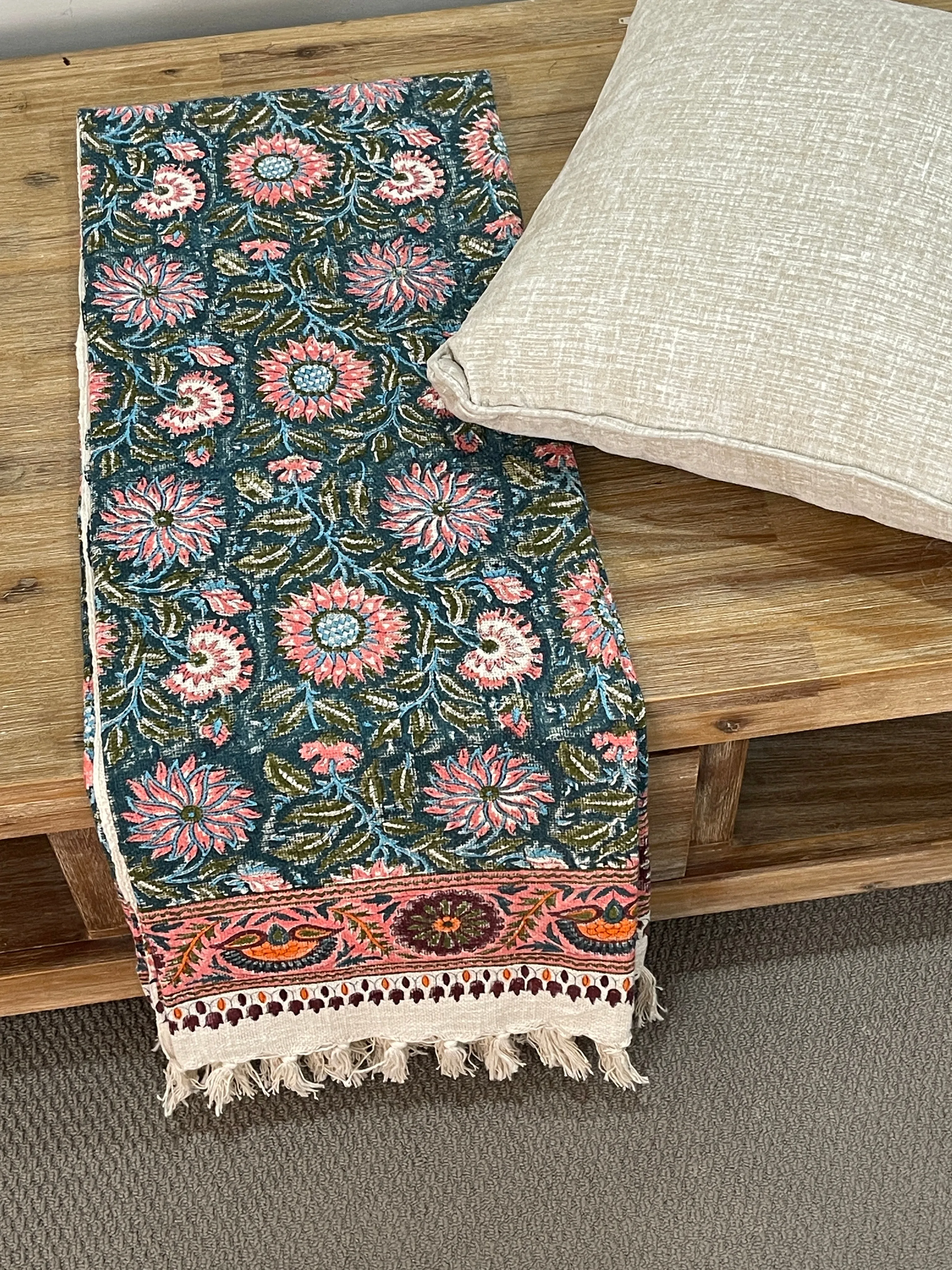 Bohemian Cotton Handmade Pink Teal Floral Bedding Throw Blanket
