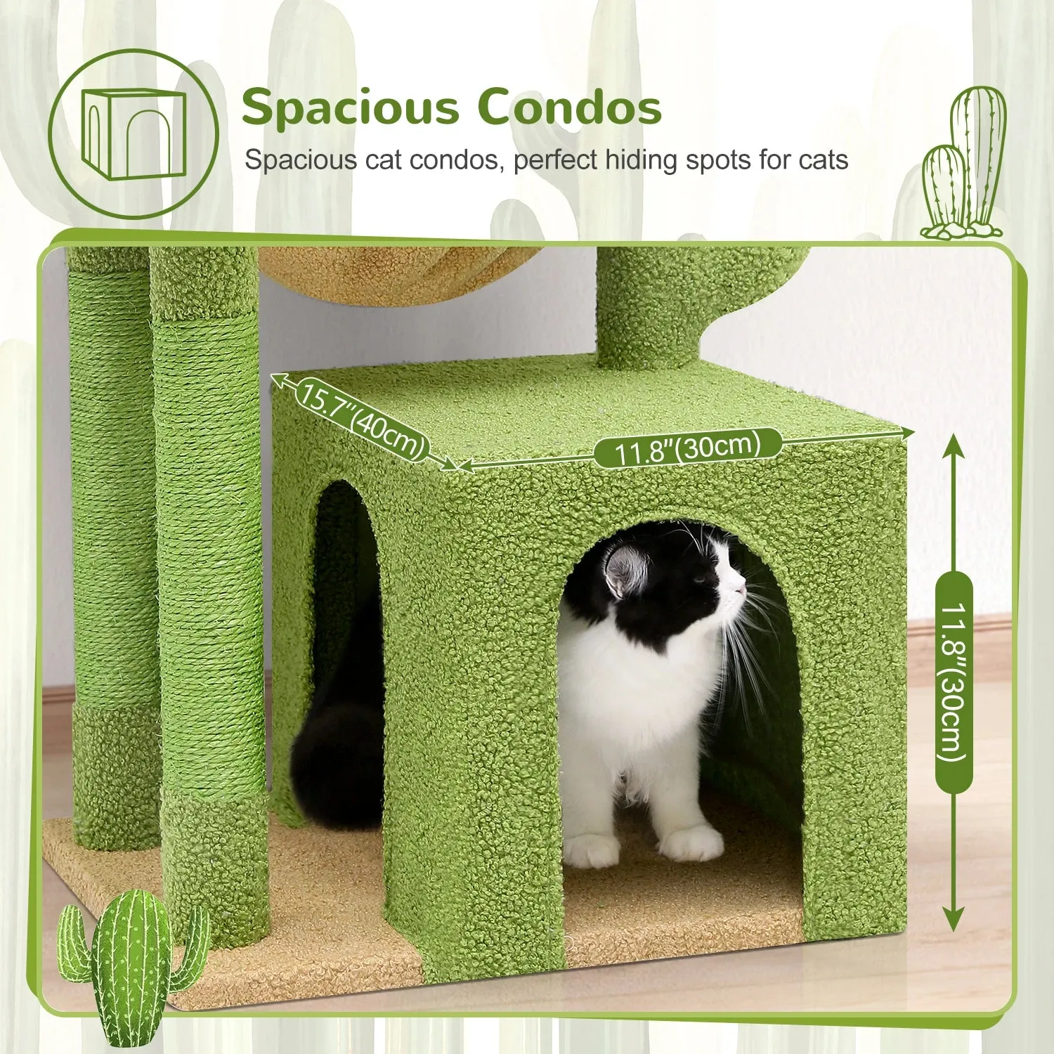 F46A Cactus Cat Tree Tower | 46-Inch Sturdy Cat Condo with Scratching Posts, Hammock, and Anti-Tip Kit, Green