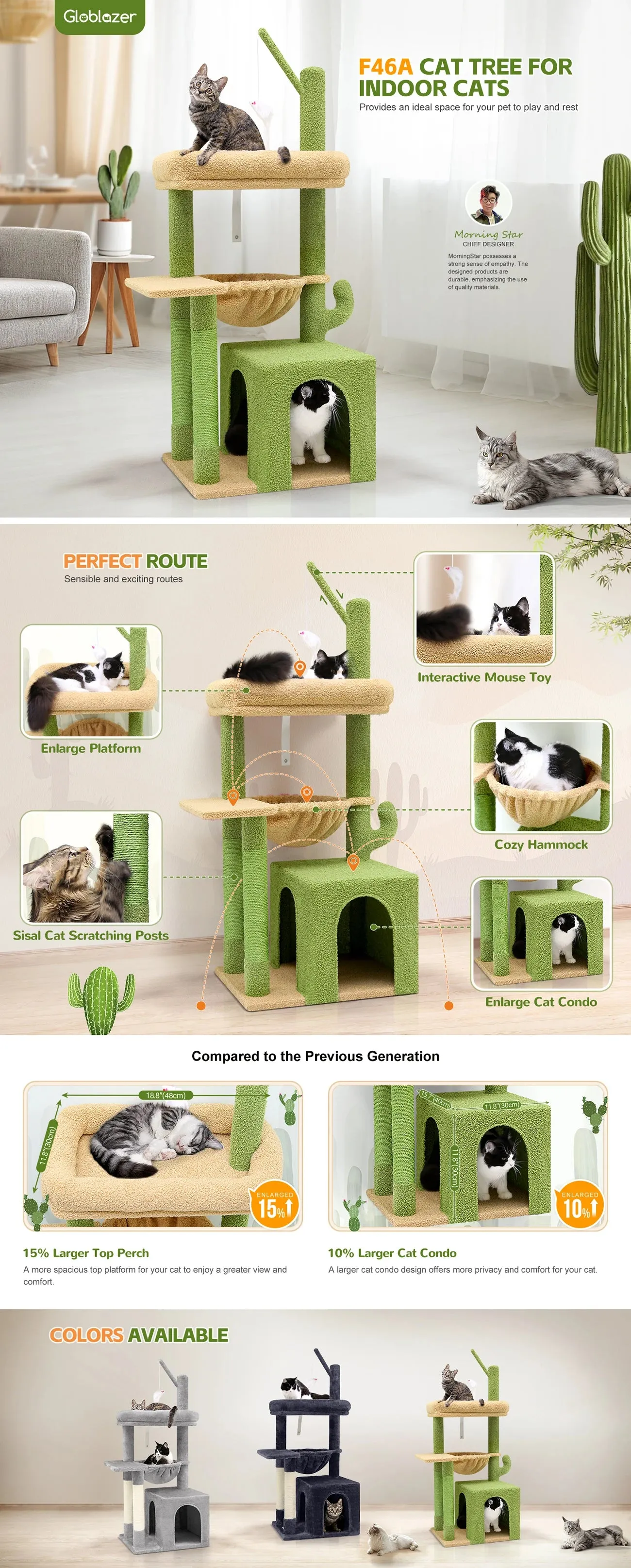 F46A Cactus Cat Tree Tower | 46-Inch Sturdy Cat Condo with Scratching Posts, Hammock, and Anti-Tip Kit, Green