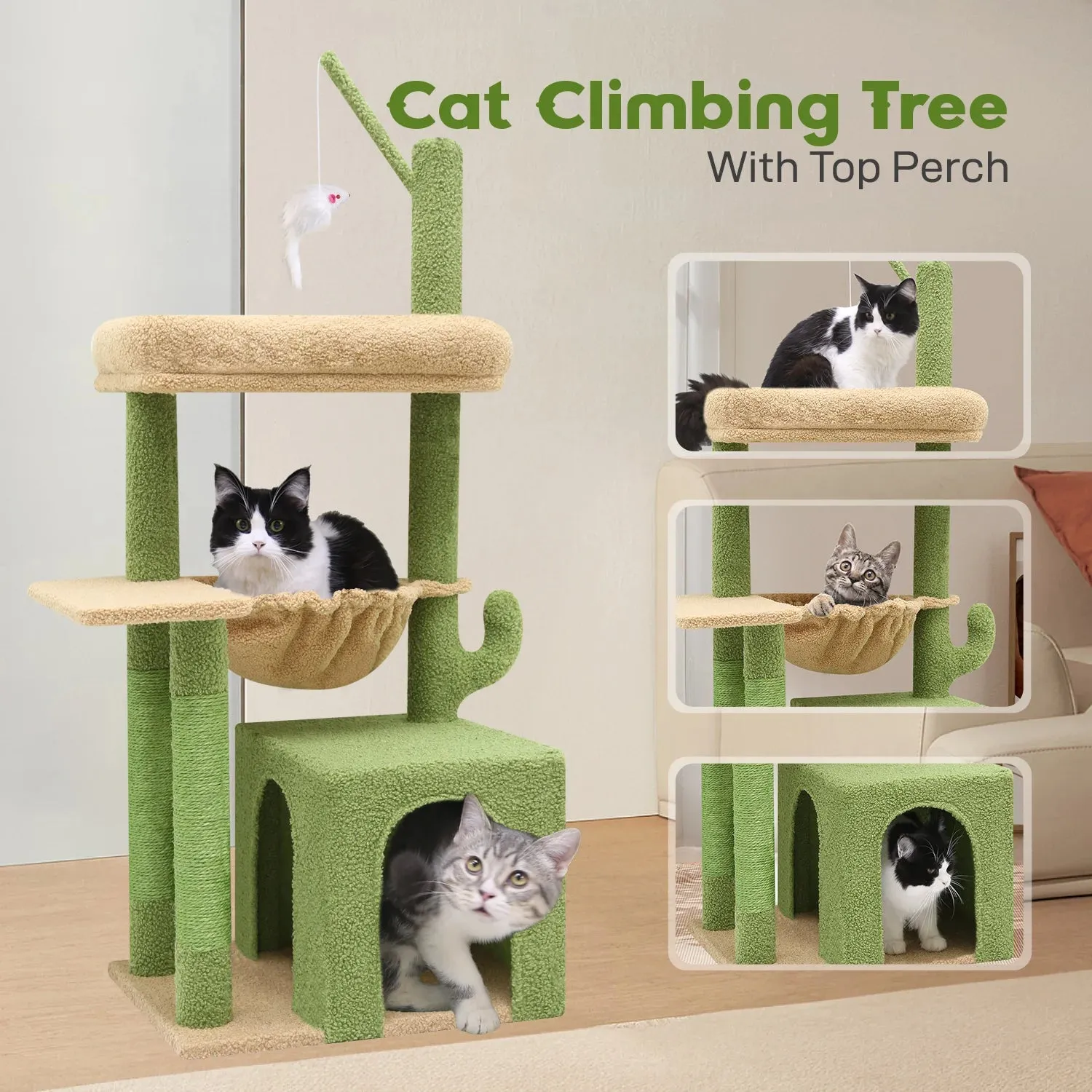 F46A Cactus Cat Tree Tower | 46-Inch Sturdy Cat Condo with Scratching Posts, Hammock, and Anti-Tip Kit, Green