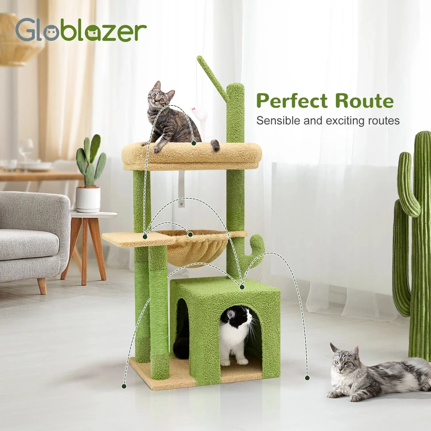 F46A Cactus Cat Tree Tower | 46-Inch Sturdy Cat Condo with Scratching Posts, Hammock, and Anti-Tip Kit, Green