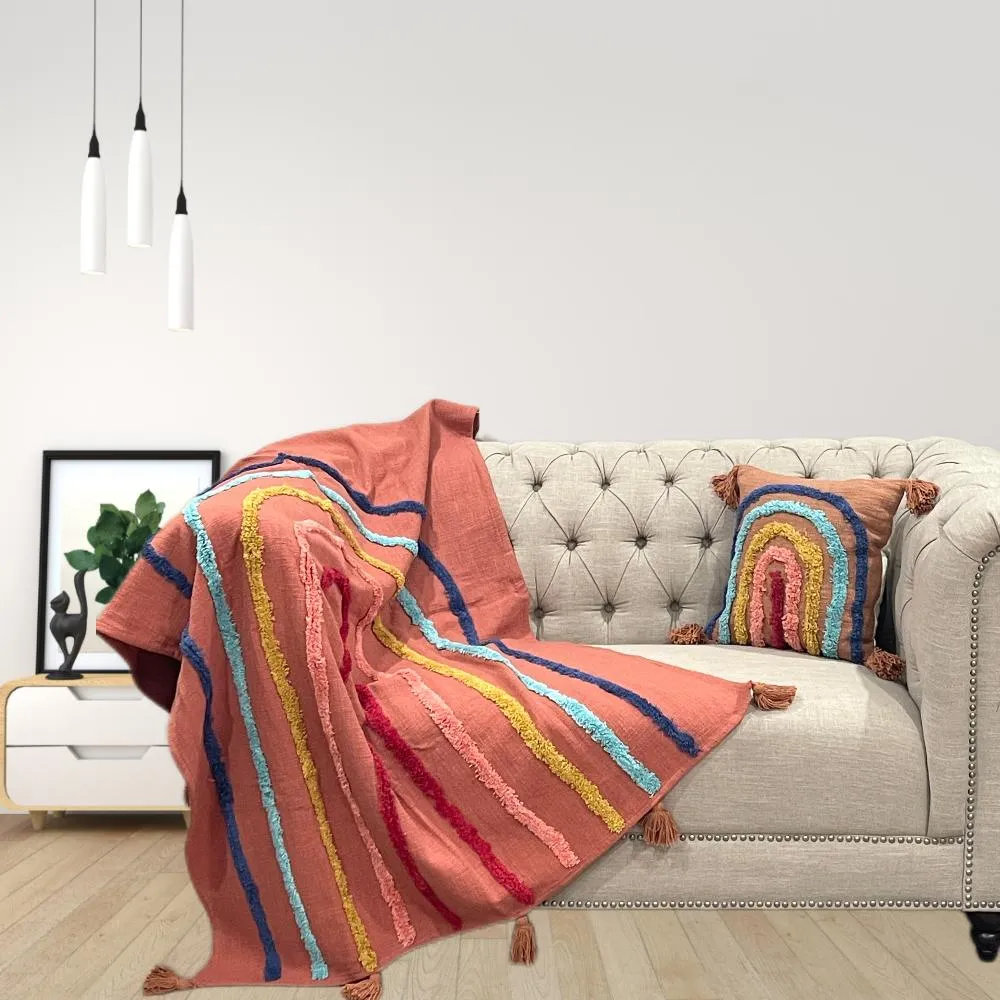 Minimalistic Mauve Rainbow Cotton Tufted Bedding Throw Blanket