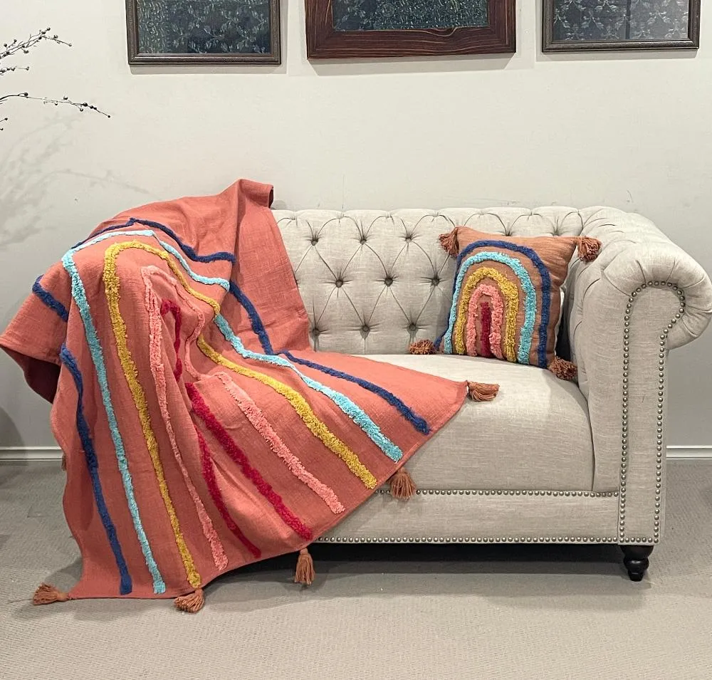 Minimalistic Mauve Rainbow Cotton Tufted Bedding Throw Blanket